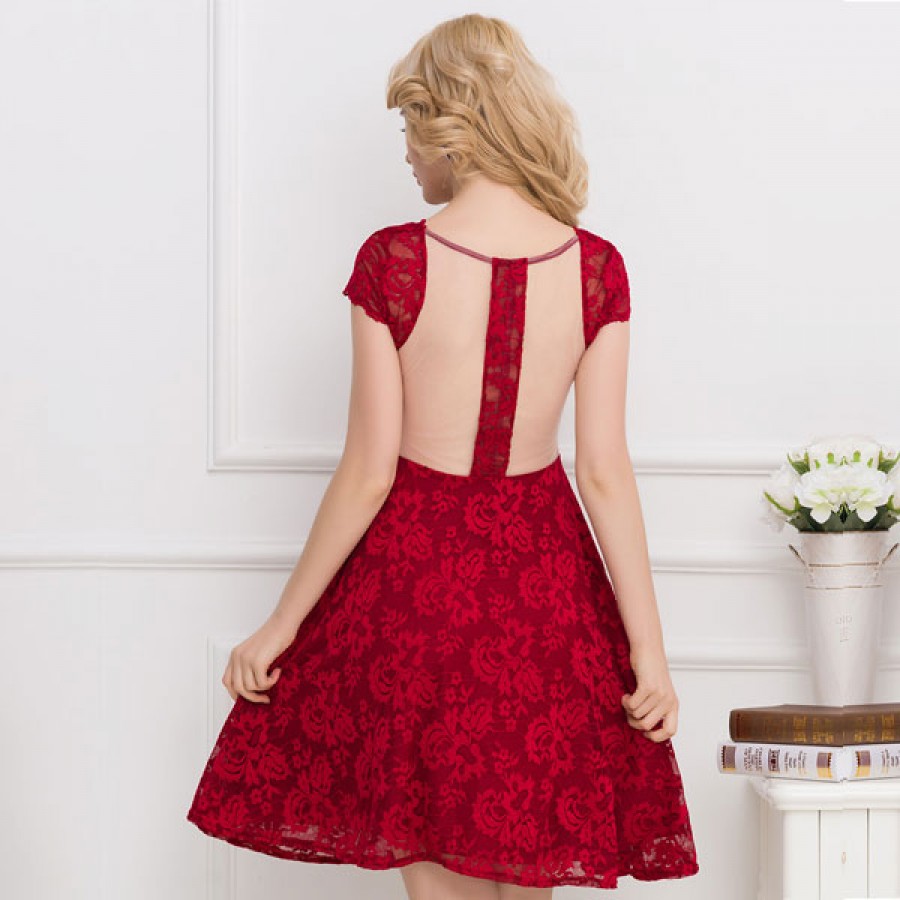 Red Round Neck Elegant Lace Bodycon Dress